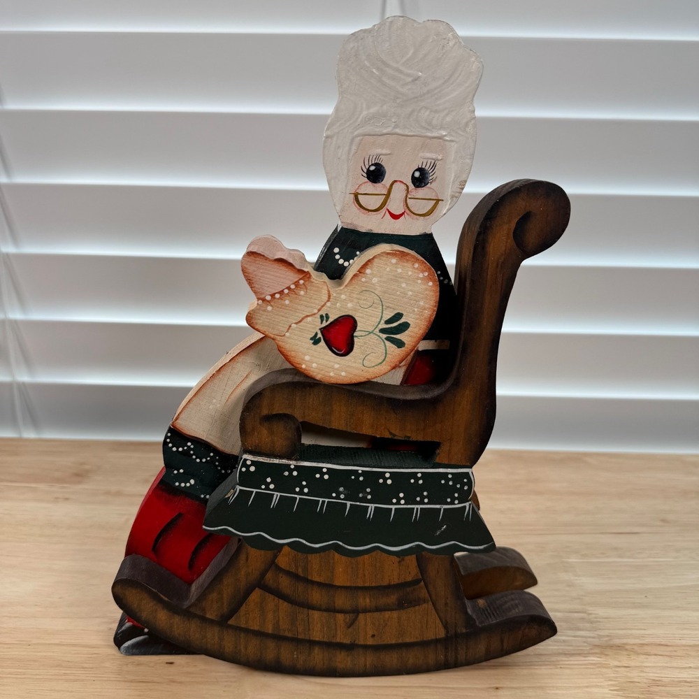 Vintage Grandma in Rocking Chair Wooden Folk Art Decor Collectible Figurine